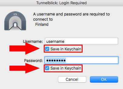 Панель входа с опцией сохранения в Keychain