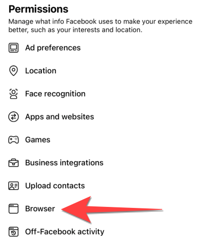 В разделе «Разрешения» выберите «Браузер».