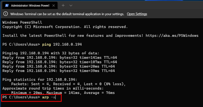 Команда arp -a, показывающая таблицу ARP