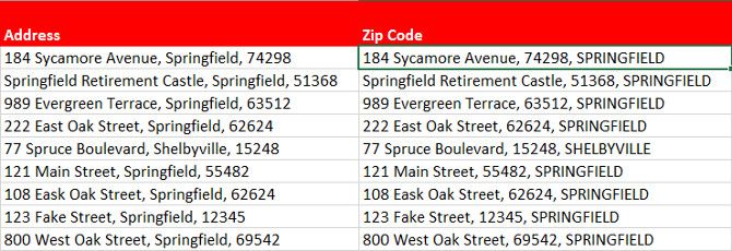 Пример изменения порядка адреса и регистра города с помощью Flash Fill