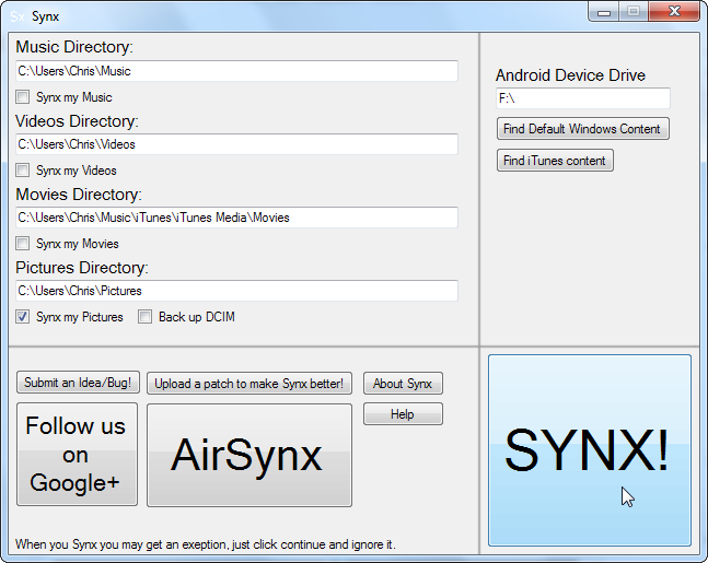 Скриншот: кнопка SYNX для начала синка
