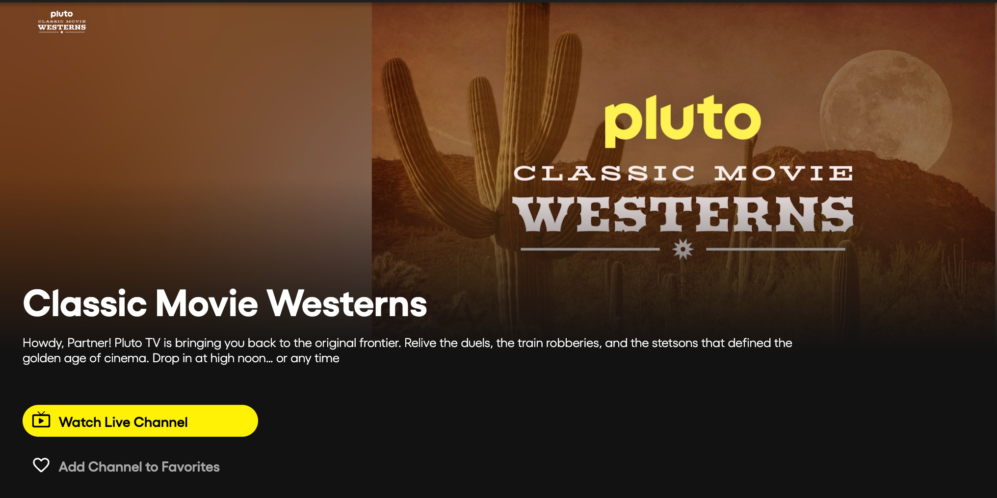 Интерфейс Pluto TV показывает канал классических вестернов.