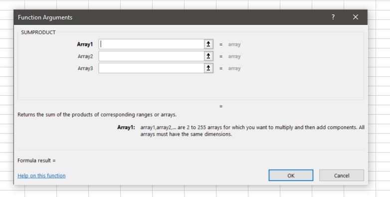 Окно аргументов SUMPRODUCT