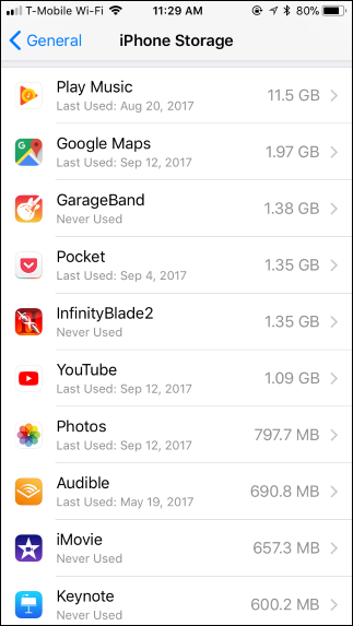 Детали конкретного приложения с кнопками «Удалить приложение» и «Выгрузить приложение»
