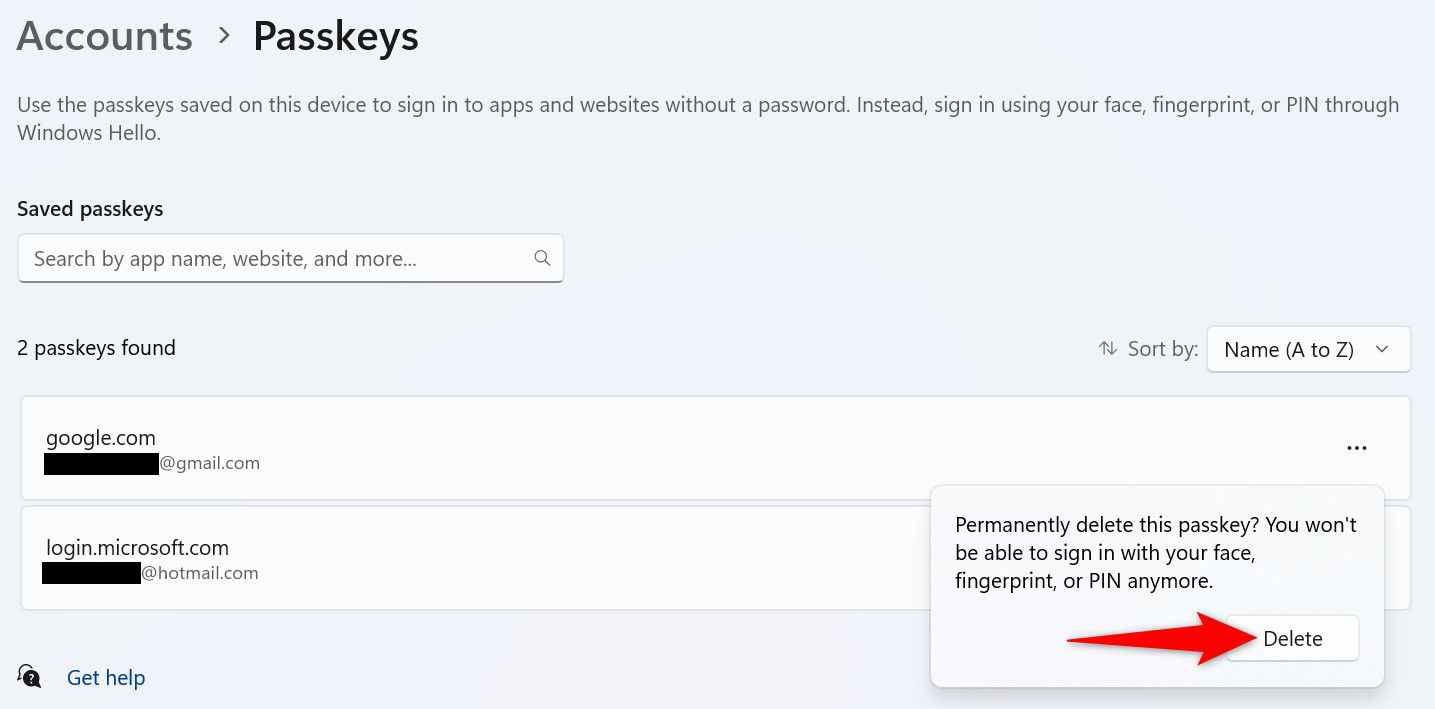 Кнопка Удалить в окне подтверждения удаления passkey.