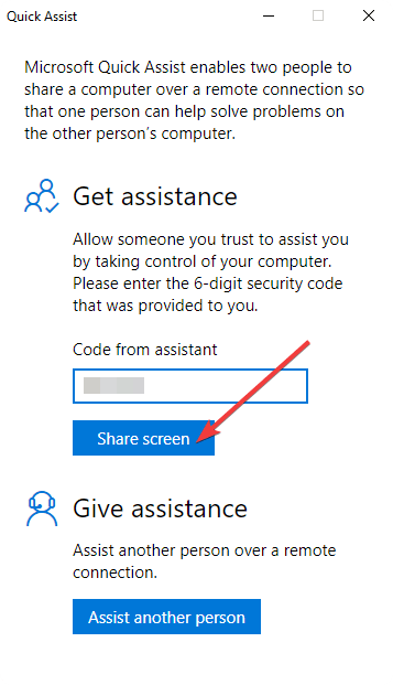 Поле ввода кода и кнопка Share screen в Quick Assist