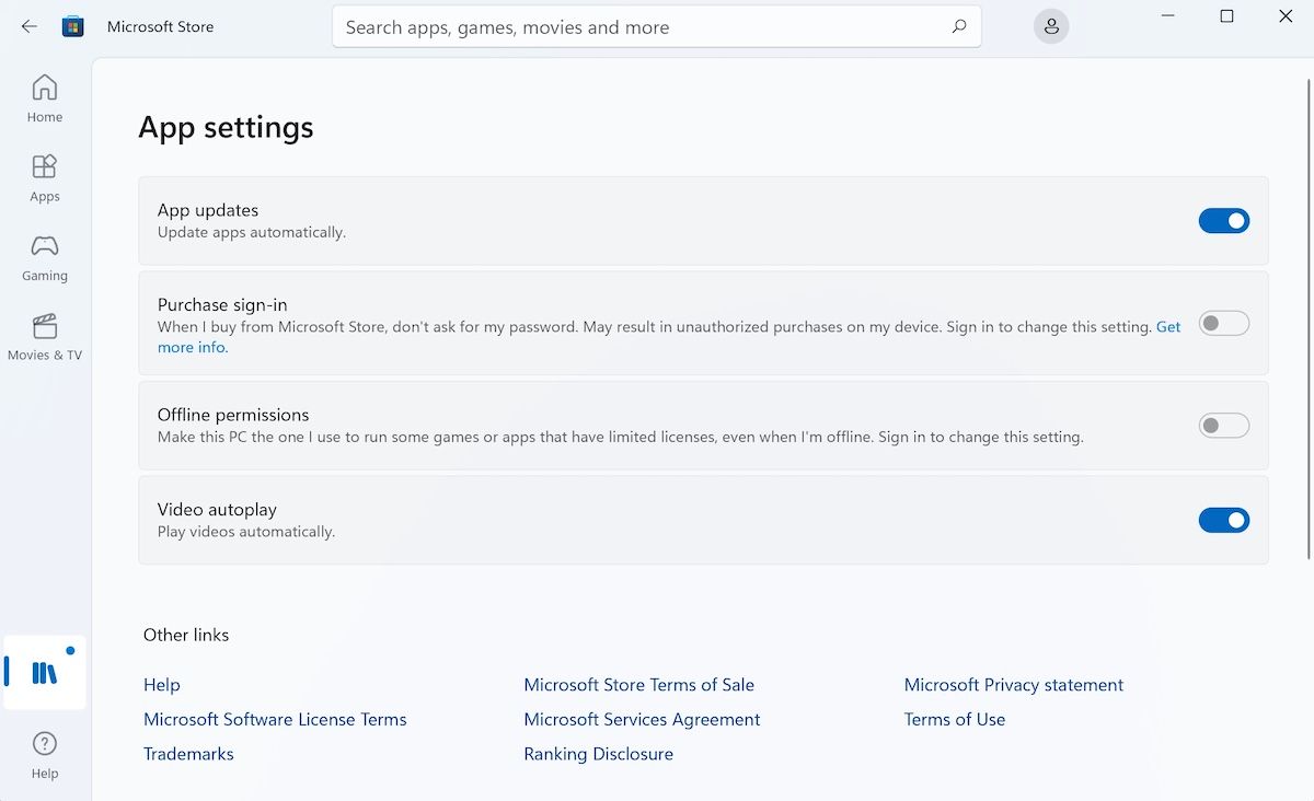 настройки приложения в Microsoft Store с переключателем автообновлений
