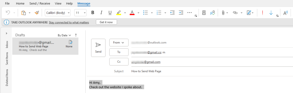 Outlook Read Aloud select text