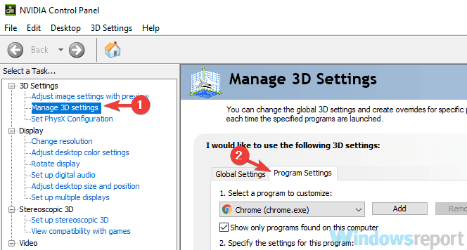 панель управления NVIDIA со списком настроек производительности