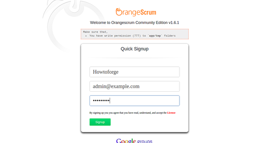Форма регистрации администратора OrangeScrum