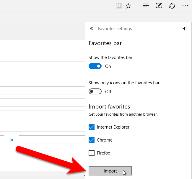 Выбор браузеров для импорта в Edge