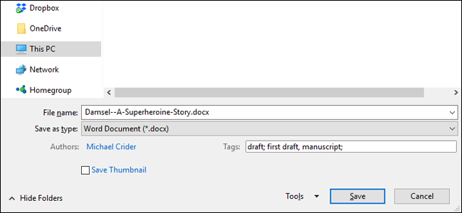 Поле Теги в диалоге Сохранить как