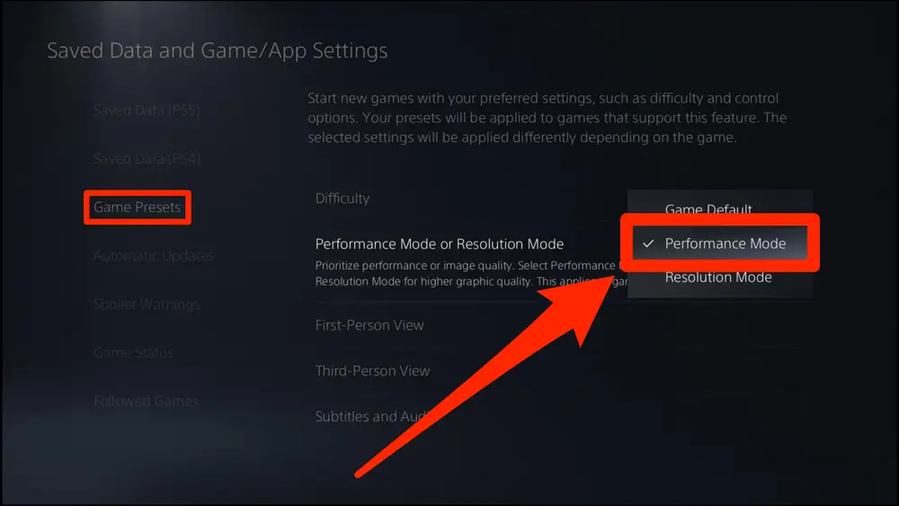 Экран настроек предустановок игры на PS5