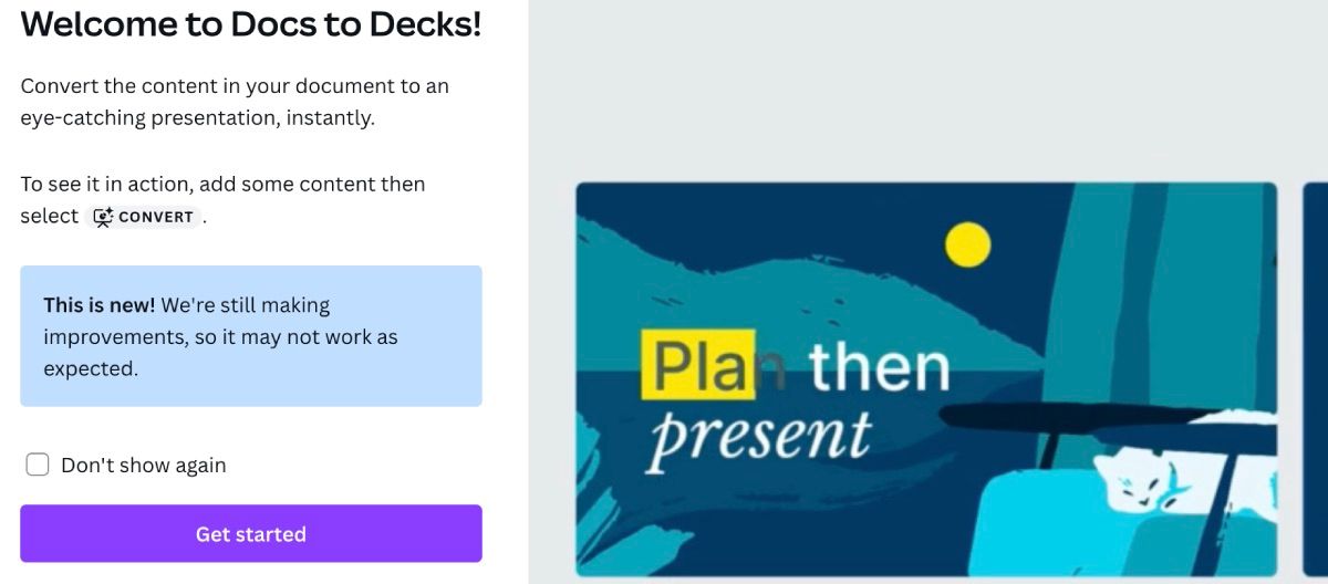 Информация о функции Docs to Decks в Canva с примером изображения