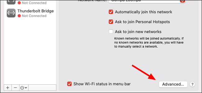 Меню Network с выделенным Wi‑Fi и кнопкой Дополнительно