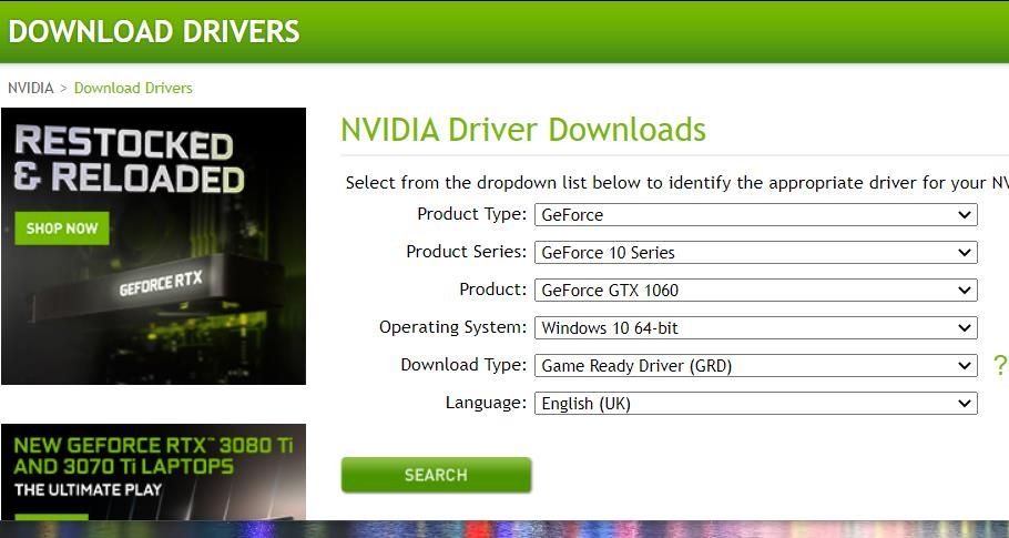 The NVIDIA driver download page