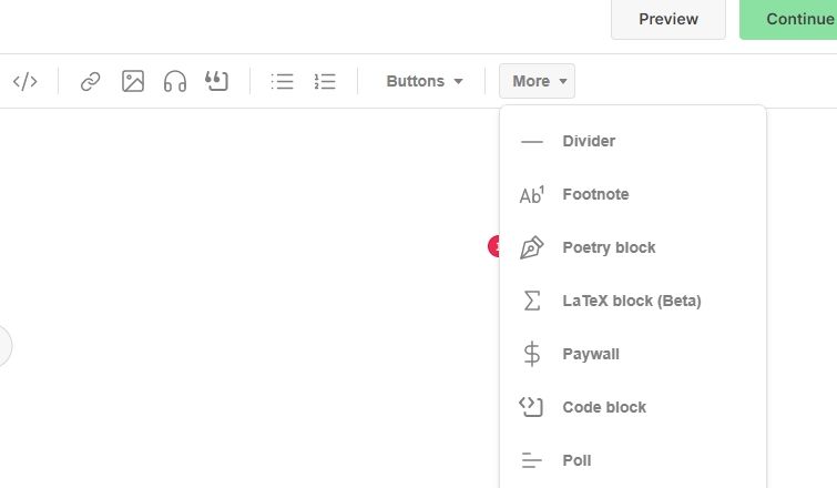 скриншот дополнительных опций редактора Substack
