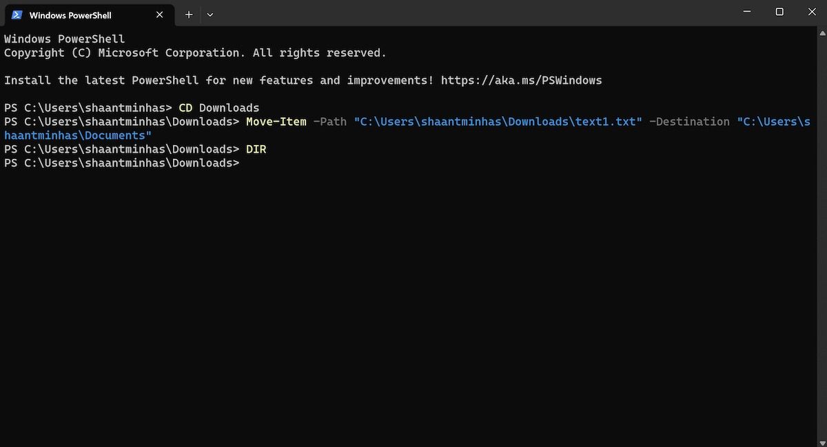 Перемещение файлов в PowerShell — окно консоли с командой