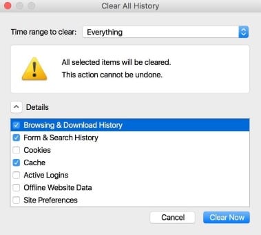 Иллюстрация: диалог очистки истории в браузере Firefox
