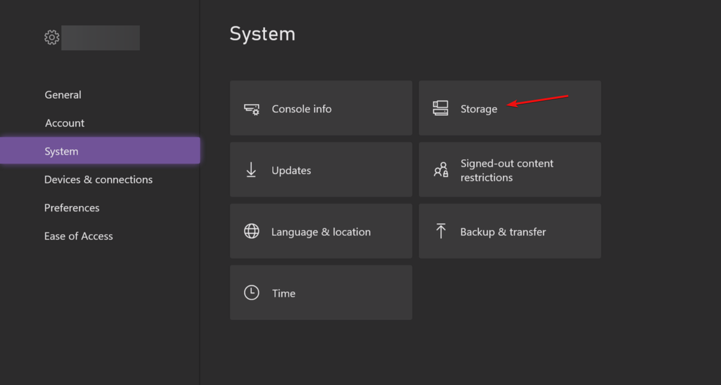 Экран настроек хранилища Xbox