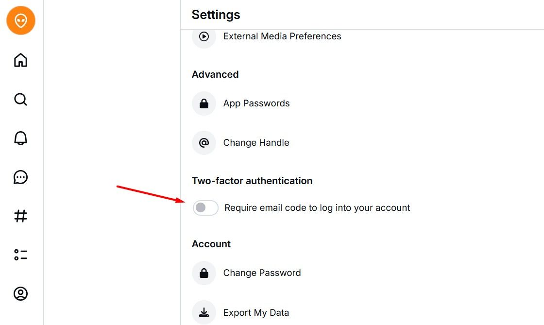 Опция подключения двухфакторной аутентификации (2FA) в настройках учетной записи Bluesky.