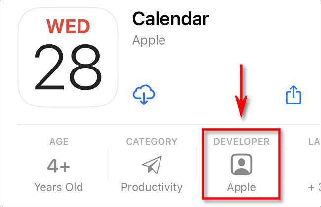 Страница приложения Календарь в App Store — указано «Разработчик: Apple»