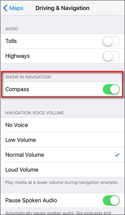 Переключатель Компас в разделе Показывать в навигации