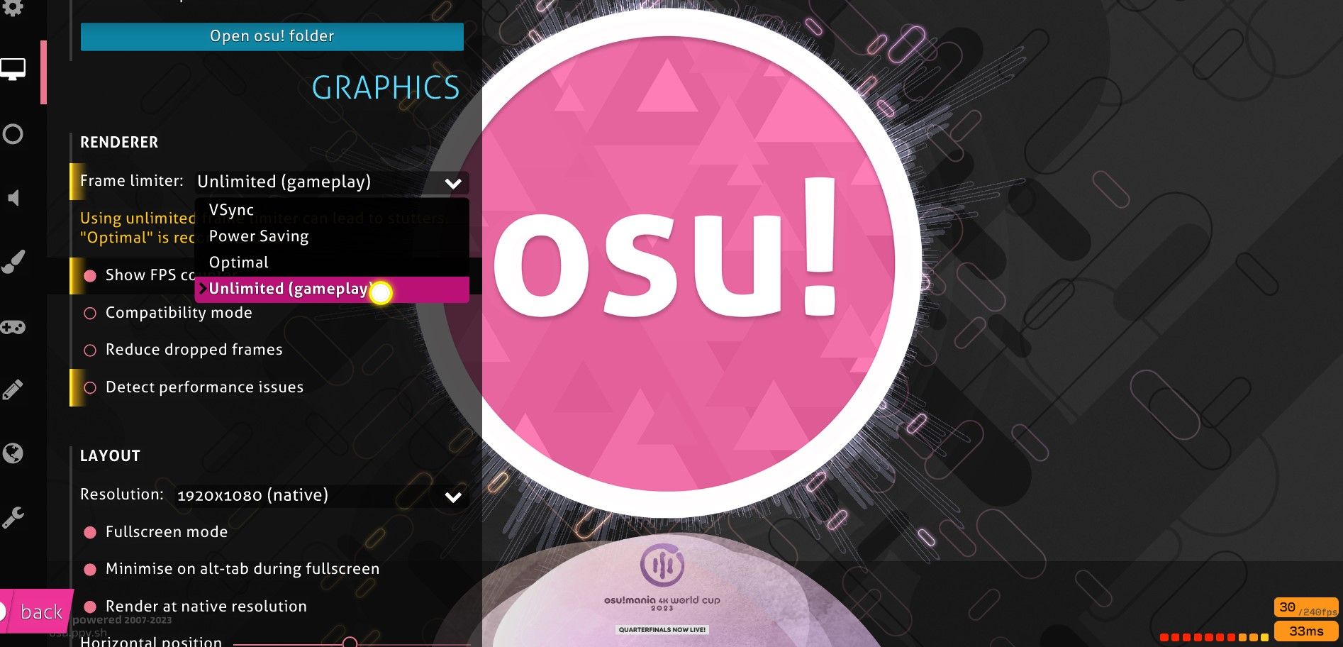 Настройка ограничения кадров в Osu!