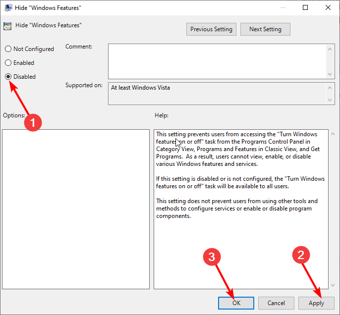 Параметр Скрыть «Компоненты Windows» отключён