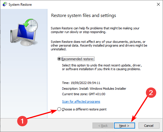 Выбор точки восстановления
