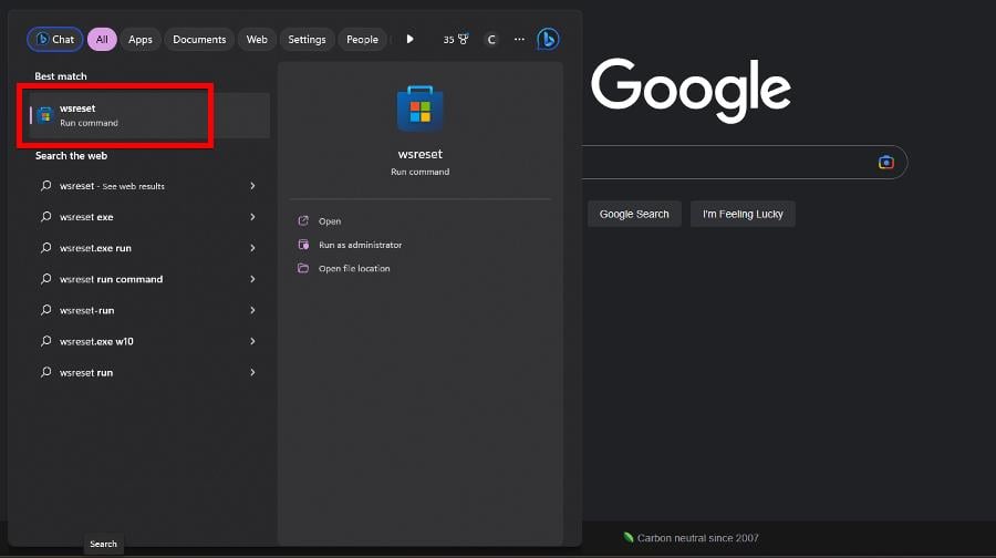 Результат поиска WSRESET в Windows