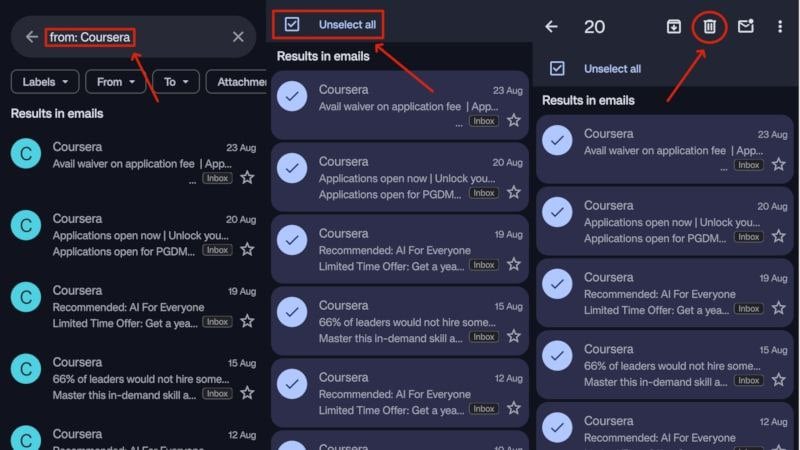 Выделение и удаление писем в мобильном приложении Gmail