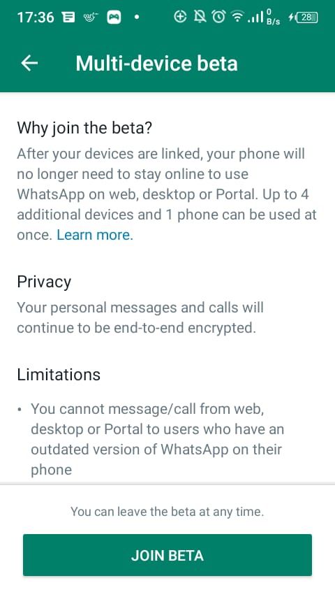 Страница присоединения к многоустройственной бете в WhatsApp