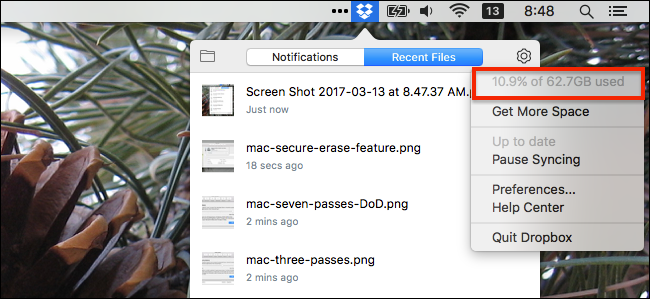 Информация о месте в Dropbox для macOS
