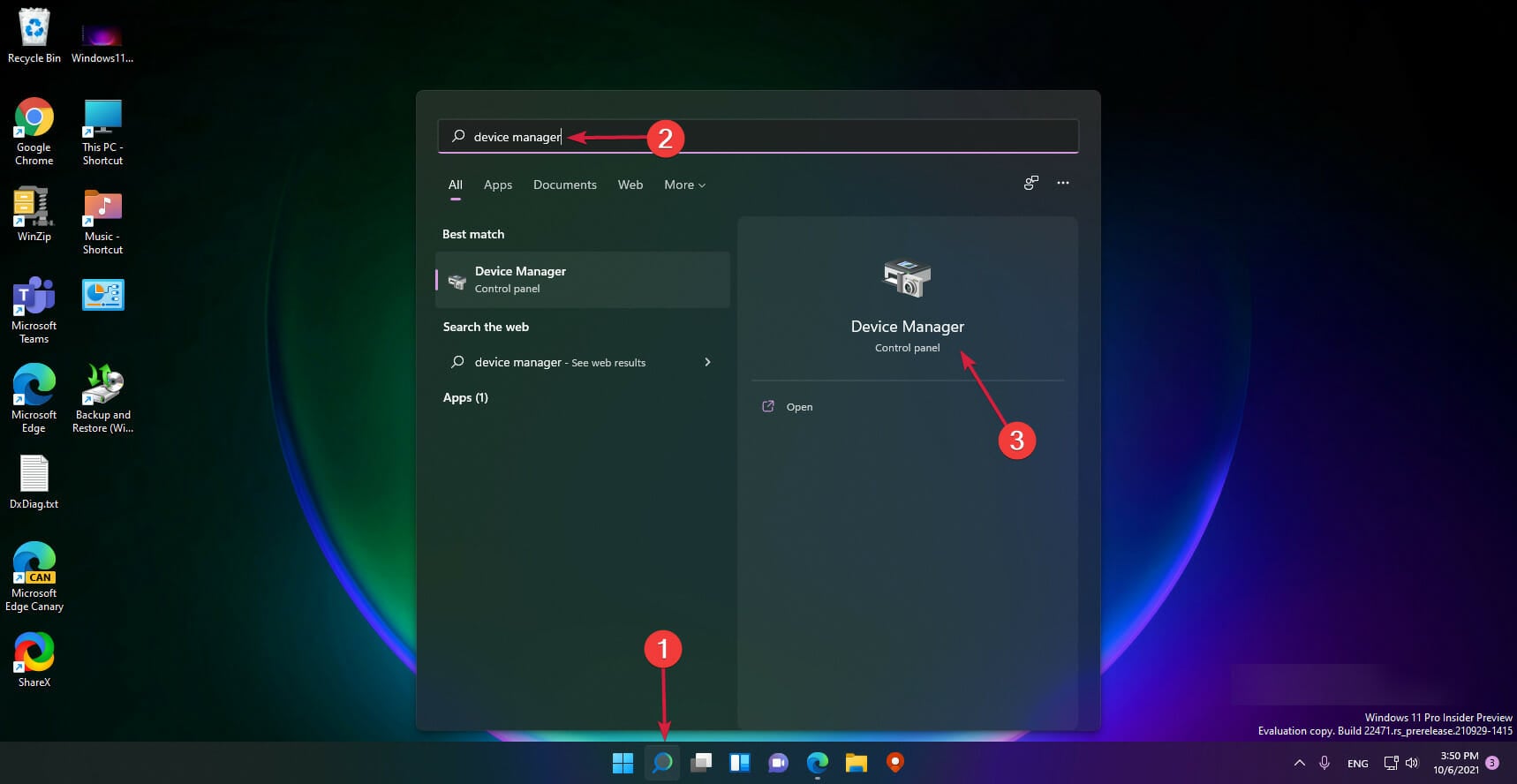 Поиск Диспетчера устройств в Windows