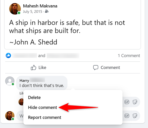 Выберите три точки и нажмите «Скрыть комментарий».