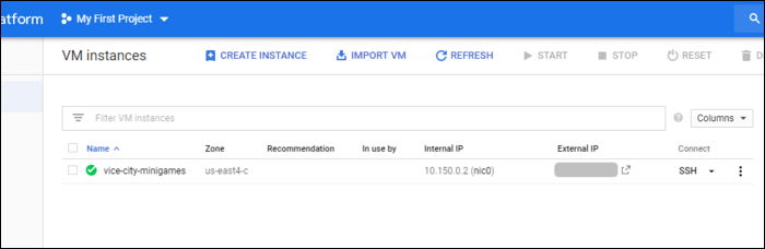 Экземпляр в консоли VM Instances