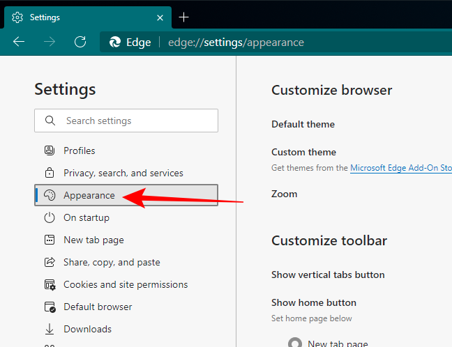 Выбор раздела Внешний вид в настройках Edge