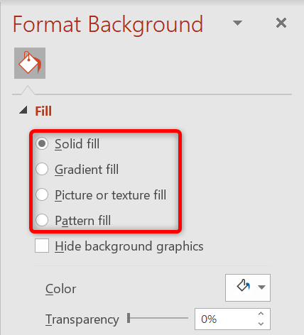 Выбор типа фона на панели Формат фона.