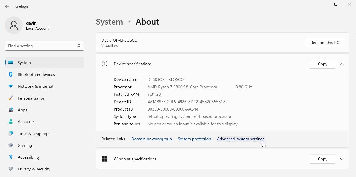 параметры дополнительных системных параметров Windows 11