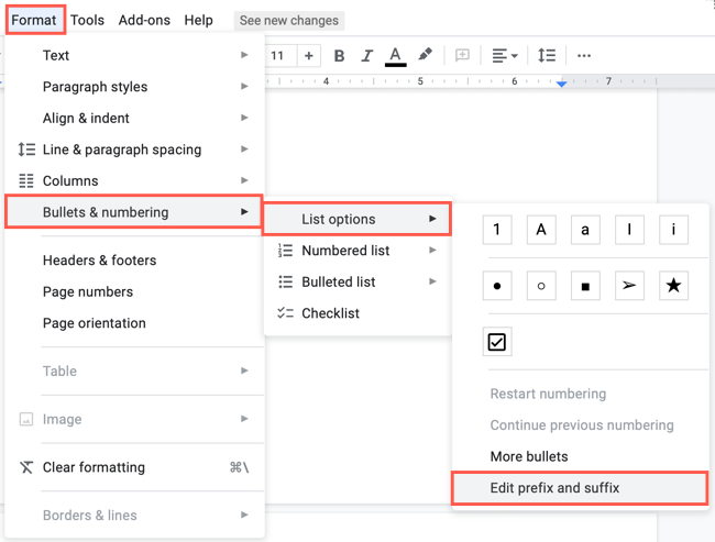 Выбор Редактировать префикс и суффикс в меню