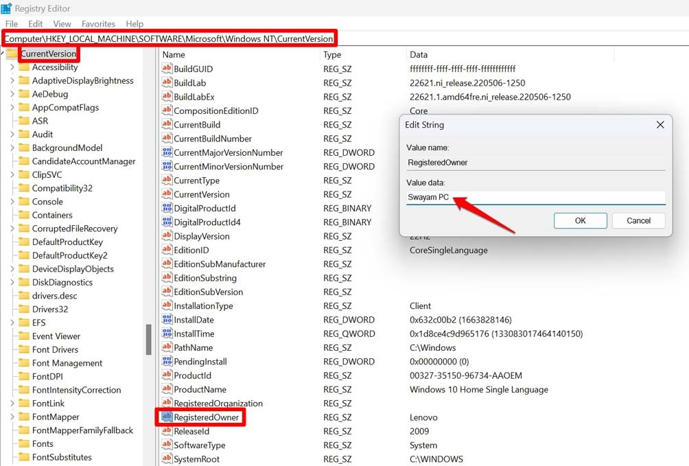 Скриншот: изменение значения RegisteredOwner в реестре Windows 11