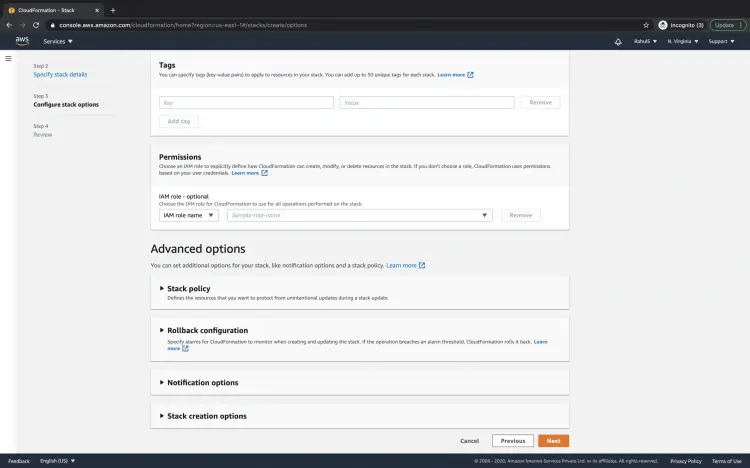 Добавление тегов при создании стека