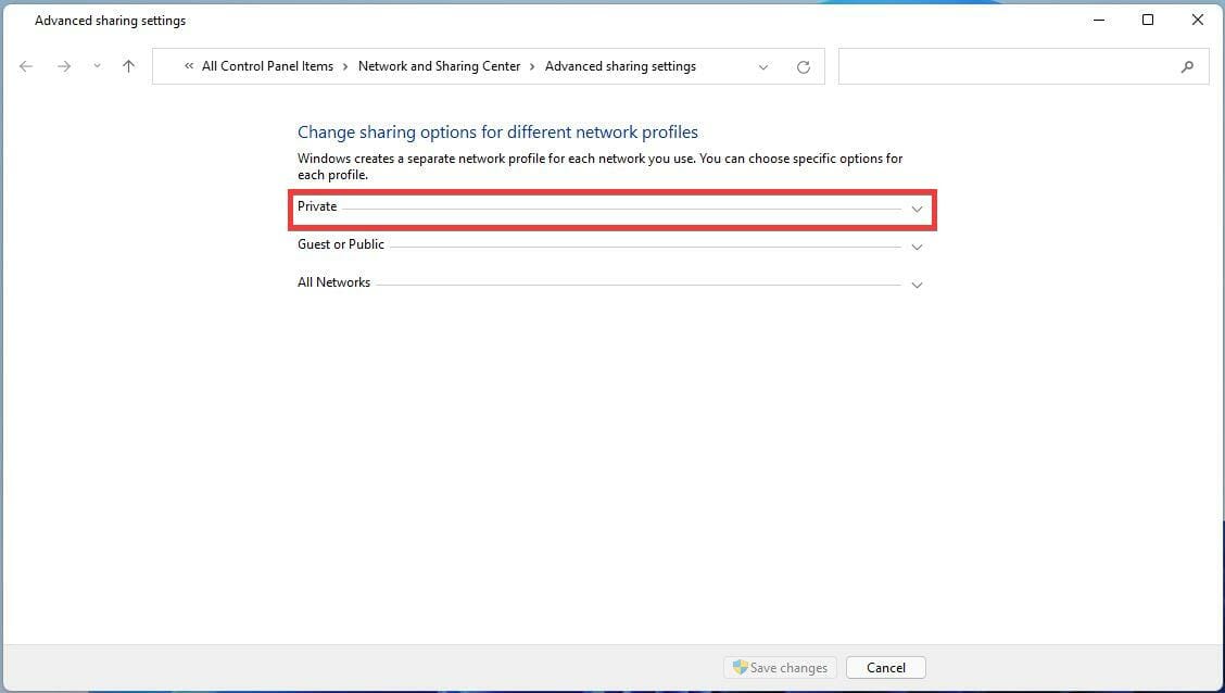 Опция Turn on file and printer sharing для частной сети