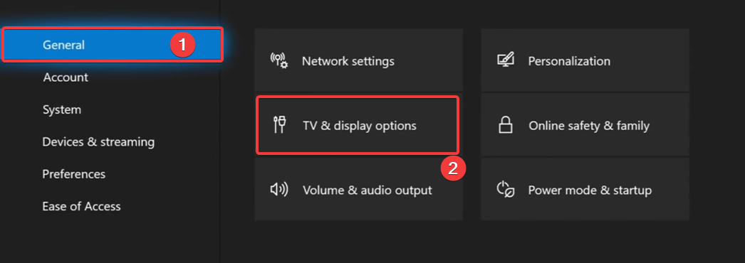 Опция «TV & display options» в меню Xbox с выбором разрешения и калибровки