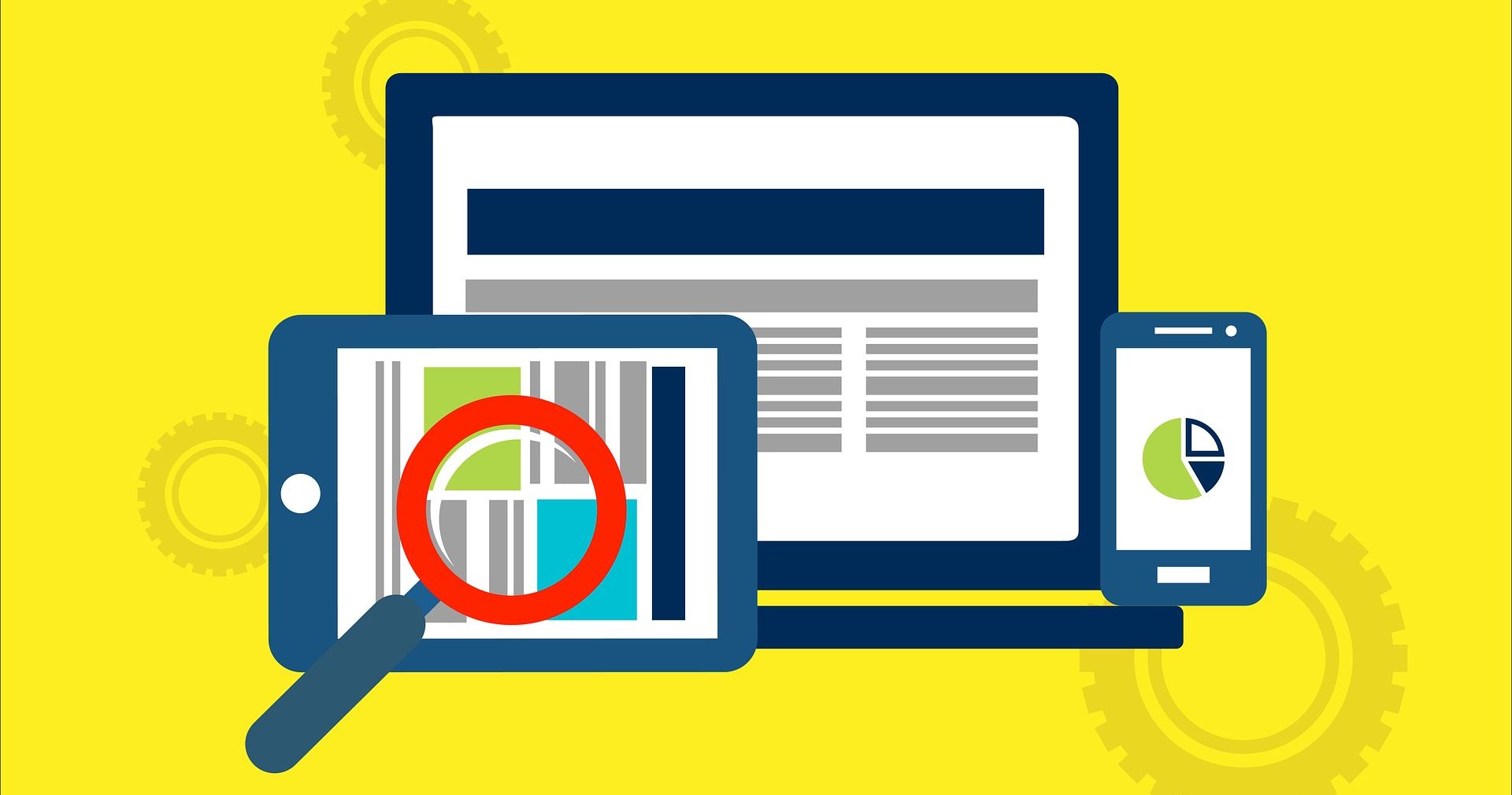 Иллюстрация: разные устройства за увеличительным стеклом — символ поиска