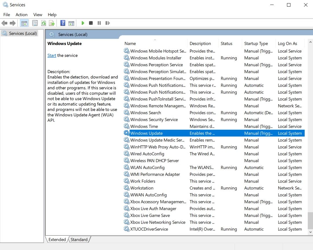 Контекстное меню службы Windows Update с опцией Stop