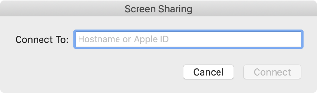 Окно Screen Sharing с полем для ввода Apple ID или хоста