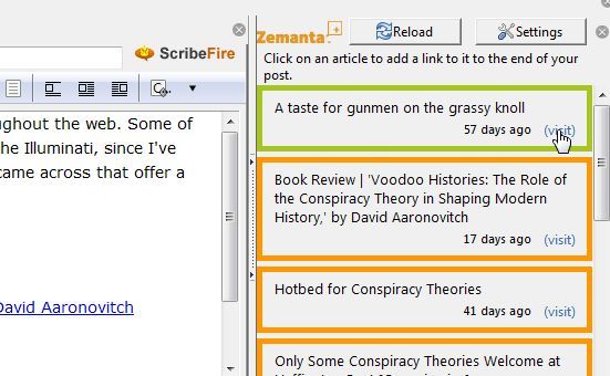 Результаты поиска Zemanta в правой панели редактора
