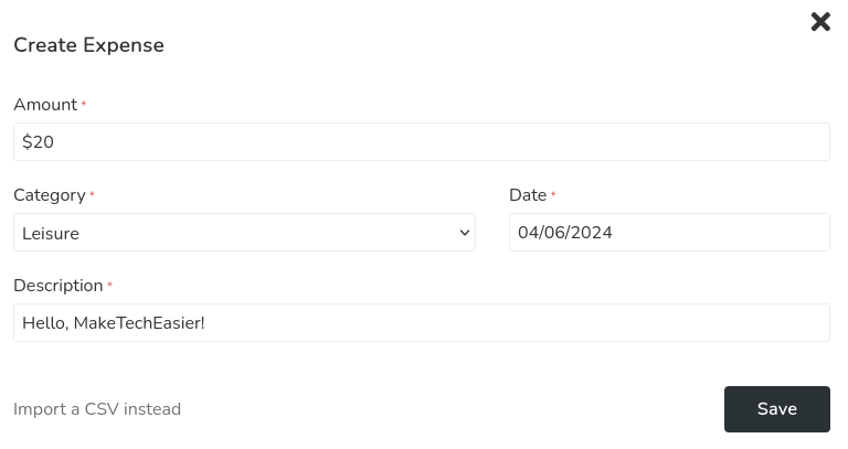 Скриншот формы расходов в Ontrack.